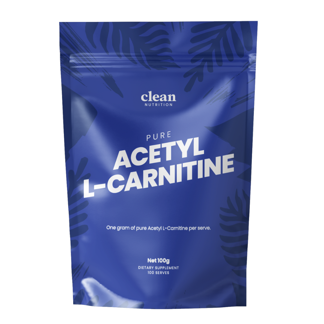 Blue package of pure acetyl L-carnitine by clean nutrition on a white background