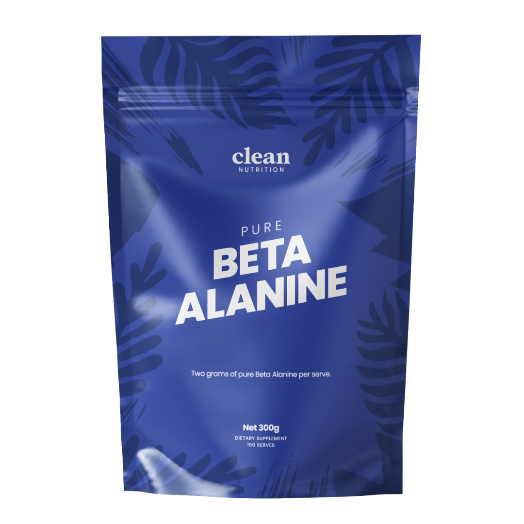 Blue package of pure beta alanine with 'clean nutrition' branding on a white background