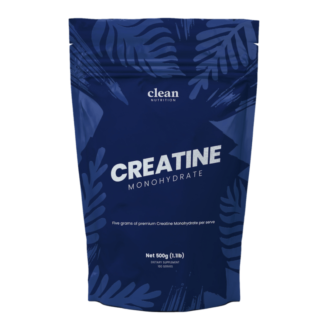 Blue package of clean nutrition creatine monohydrate with leaf patterns on a white background