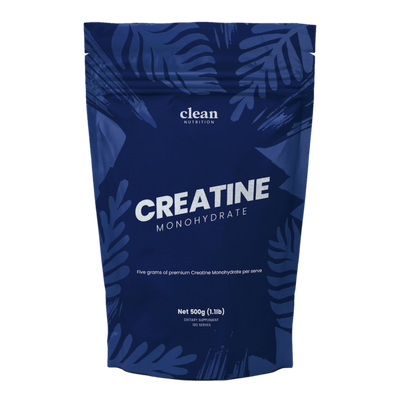 Blue package of clean nutrition creatine monohydrate with leaf patterns on a white background
