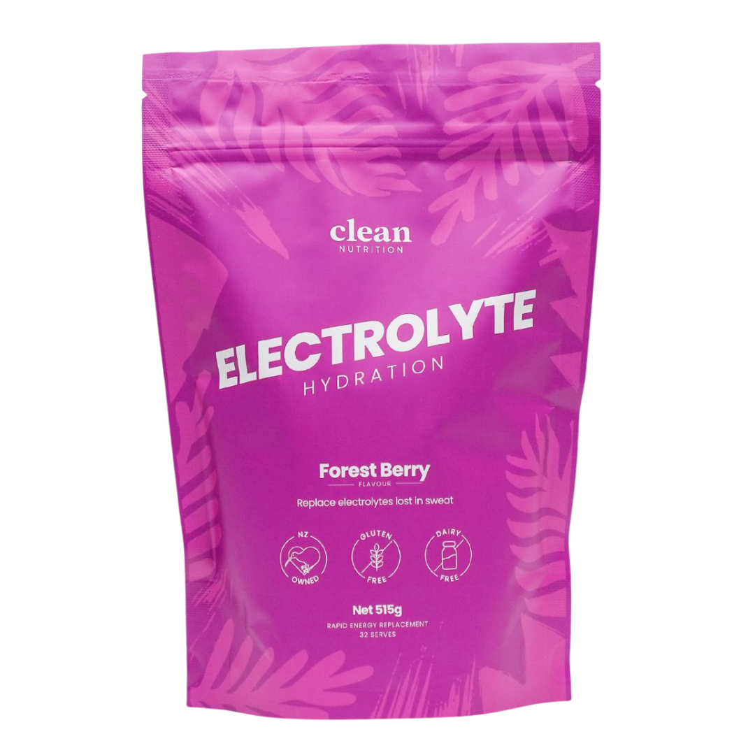 Purple electrolyte powder package with 'clean' branding on a white background