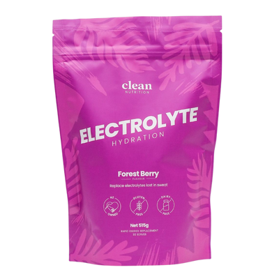 Purple electrolyte powder package with 'clean' branding on a white background
