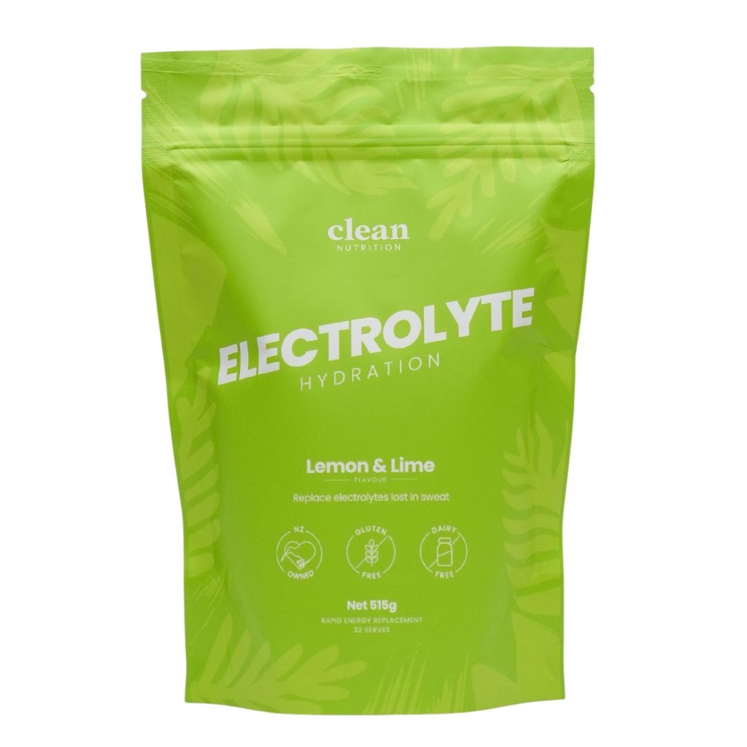 Green package of Electrolyte Hydration powder with lemon and lime flavor on a white background