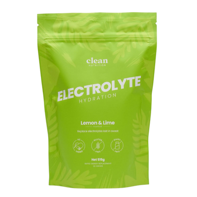 Green package of Electrolyte Hydration powder with lemon and lime flavor on a white background
