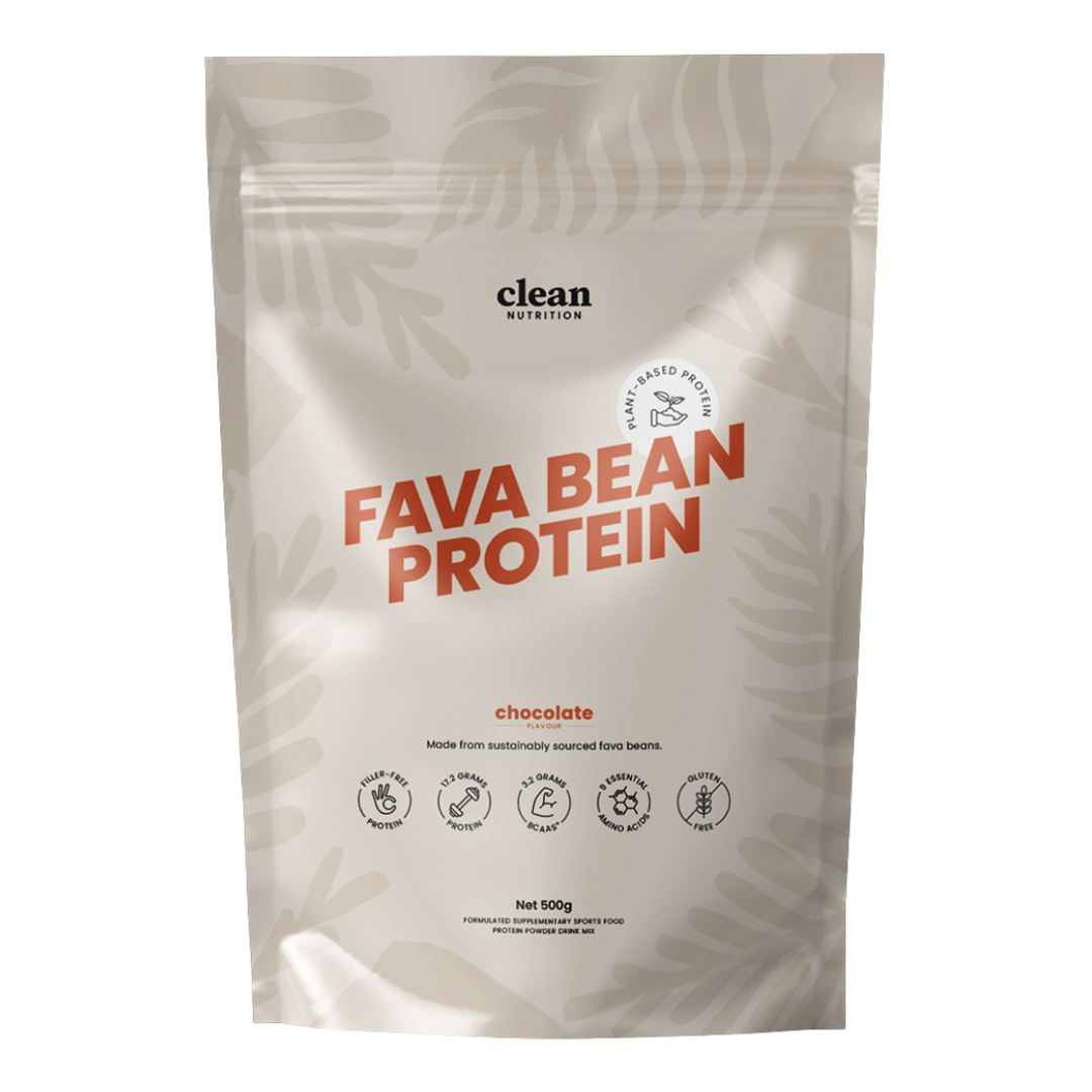 Package of fava bean protein powder with 'clean nutrition' branding on a white background