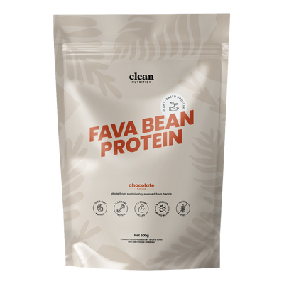 Package of fava bean protein powder with 'clean nutrition' branding on a white background