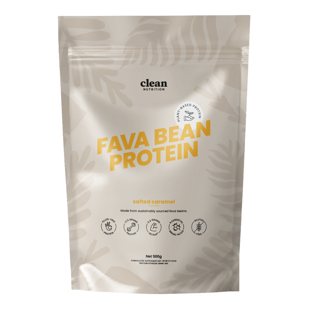 Package of fava bean protein with 'clean nutrition' branding on a white background