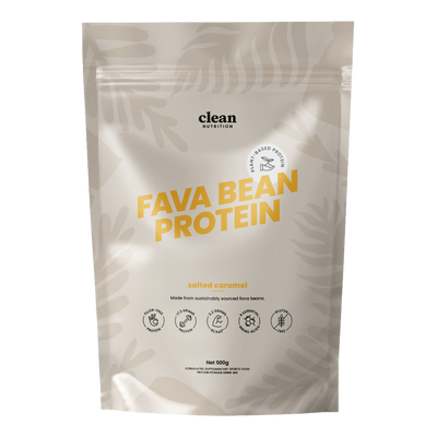 Package of fava bean protein with 'clean nutrition' branding on a white background
