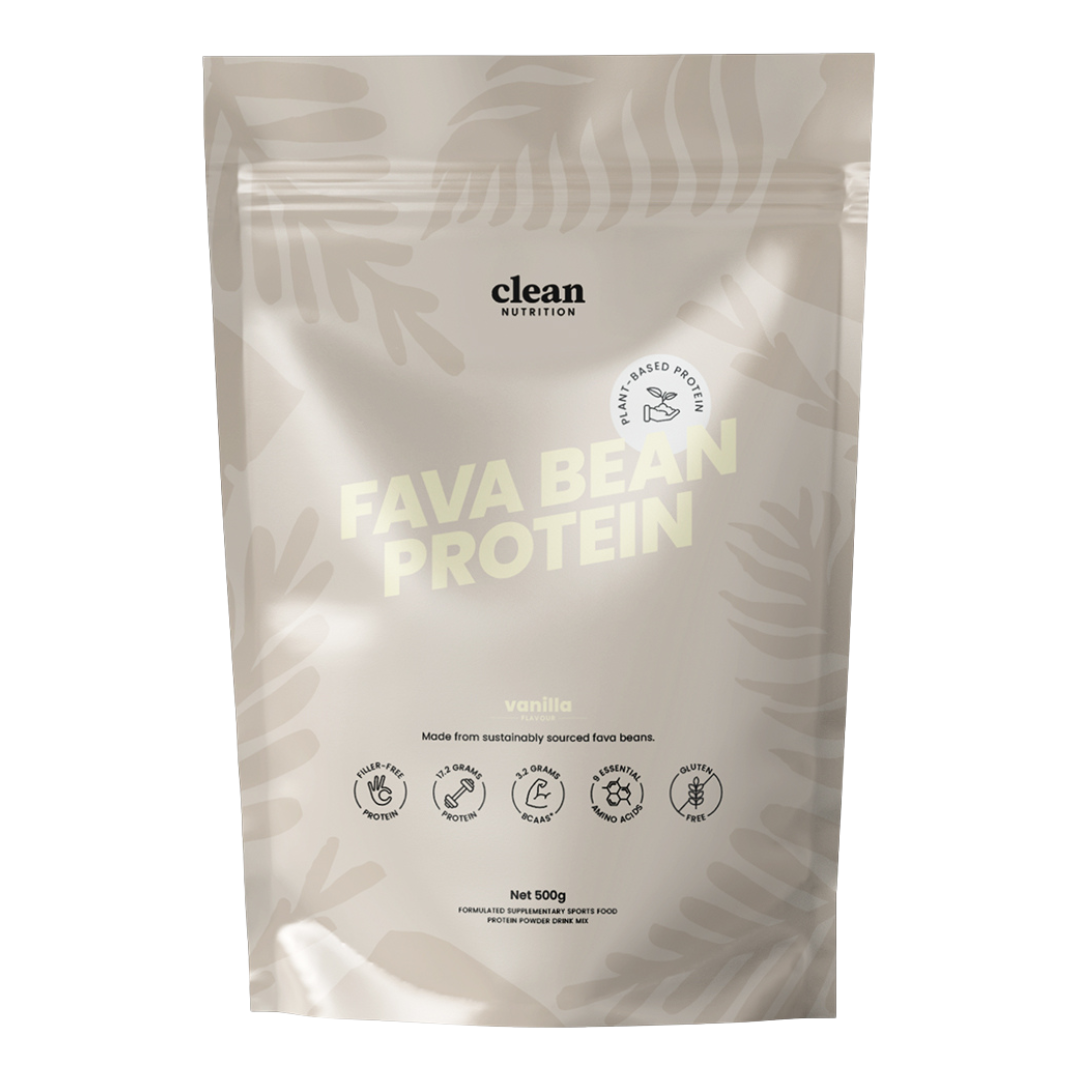 Package of vanilla flavoured fava bean protein from clean nutrition on a white background