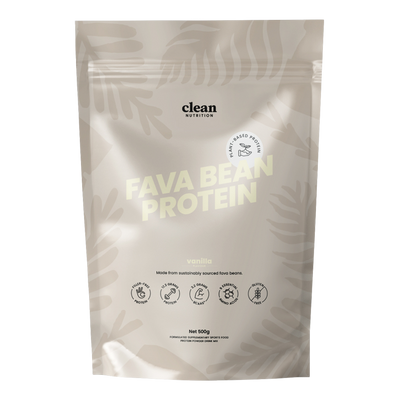 Package of vanilla flavoured fava bean protein from clean nutrition on a white background