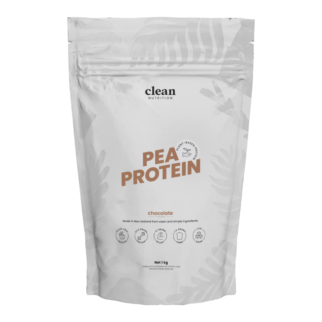 Package of clean nutrition pea protein powder on a white background