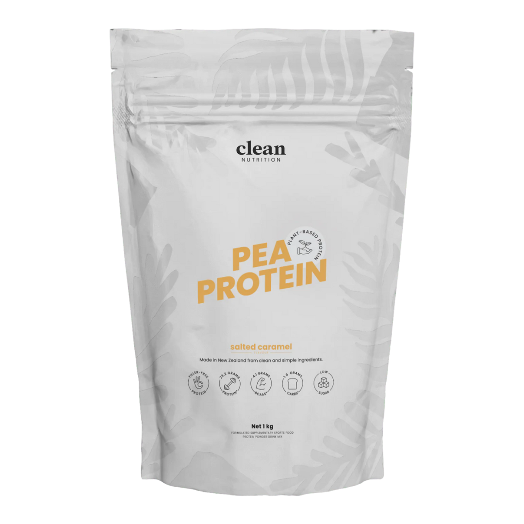 Package of pea protein powder with 'clean nutrition' branding on a white background