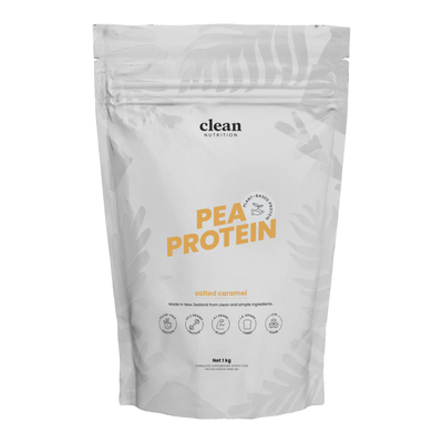 Package of pea protein powder with 'clean nutrition' branding on a white background