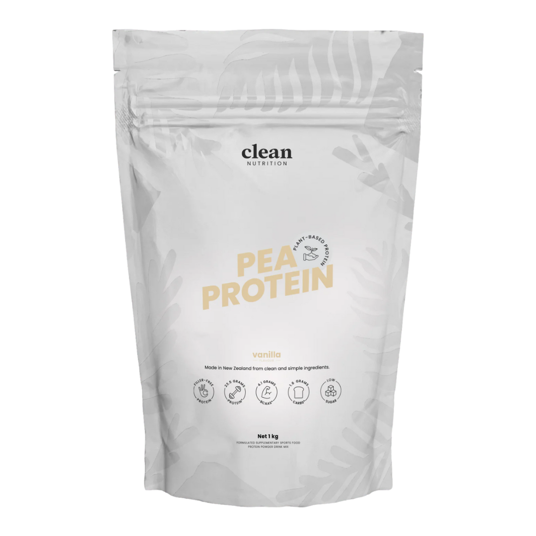 Package of pea protein powder with 'clean nutrition' branding on a white background