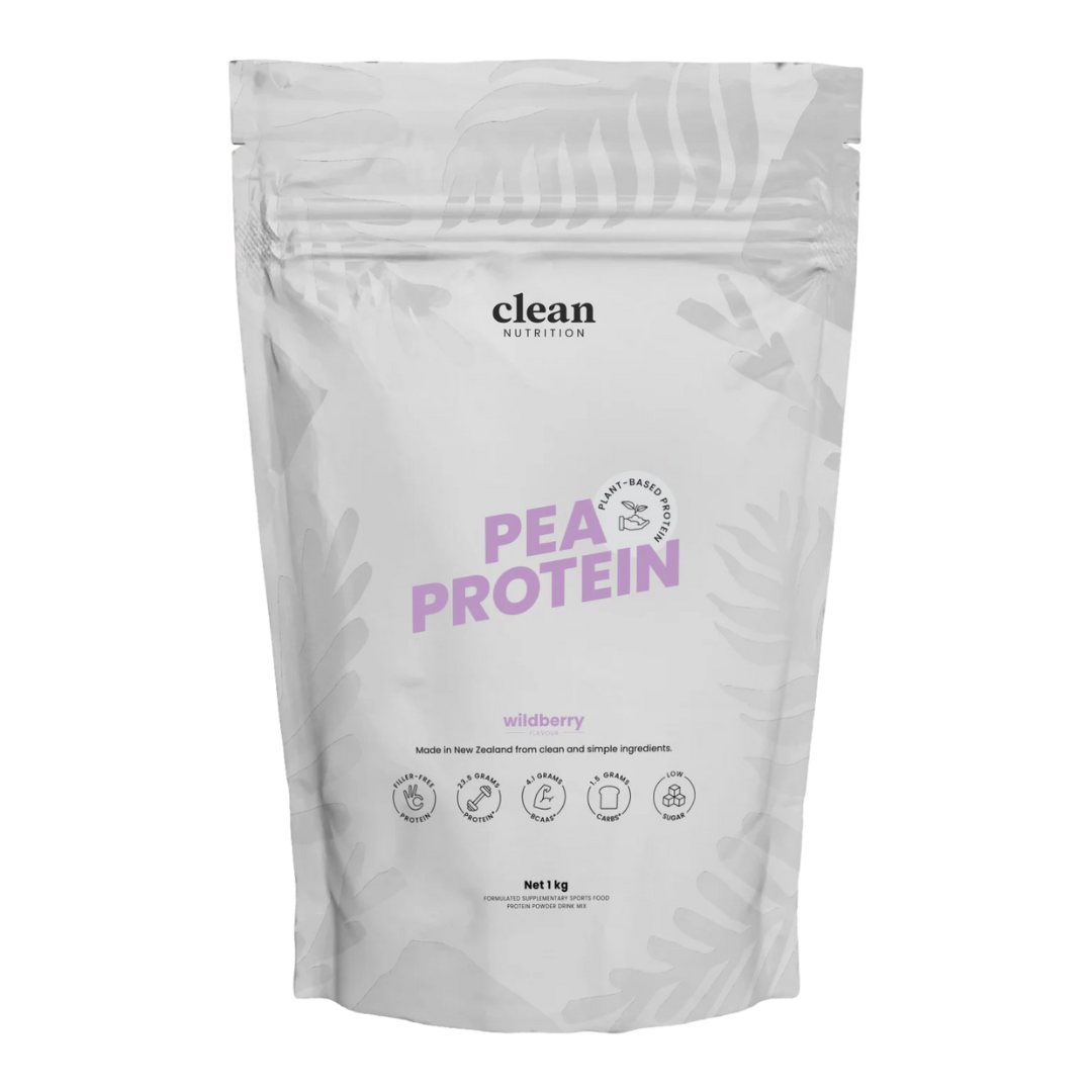 Package of clean nutrition pea protein powder on a white background