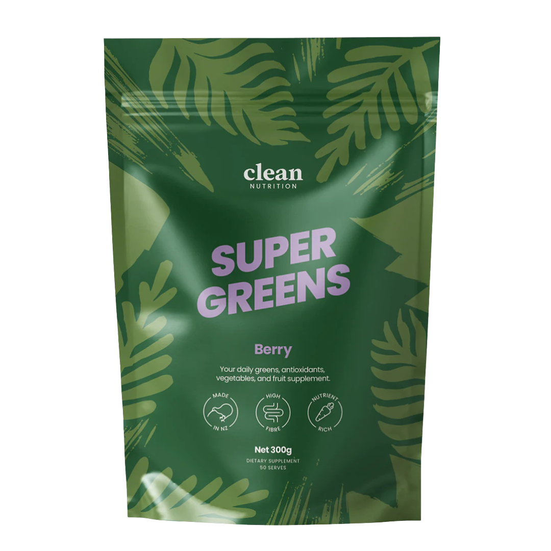 Green package of 'Super Greens' by clean nutrition with leaf patterns on a white background
