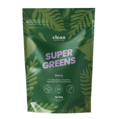 Green package of 'Super Greens' by clean nutrition with leaf patterns on a white background