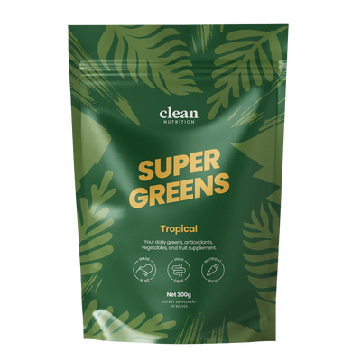 Green package of 'Super Greens' by Clean Nutrition with leaf patterns on a white background