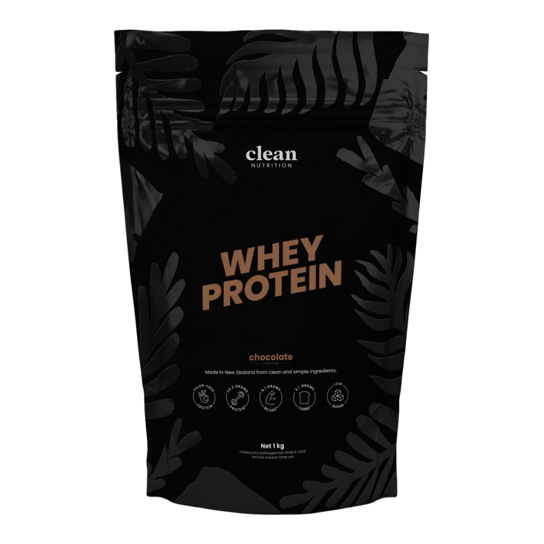 Black whey protein packaging with 'clean' branding and chocolate flavor text.