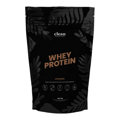 Black whey protein packaging with 'clean' branding and chocolate flavor text.