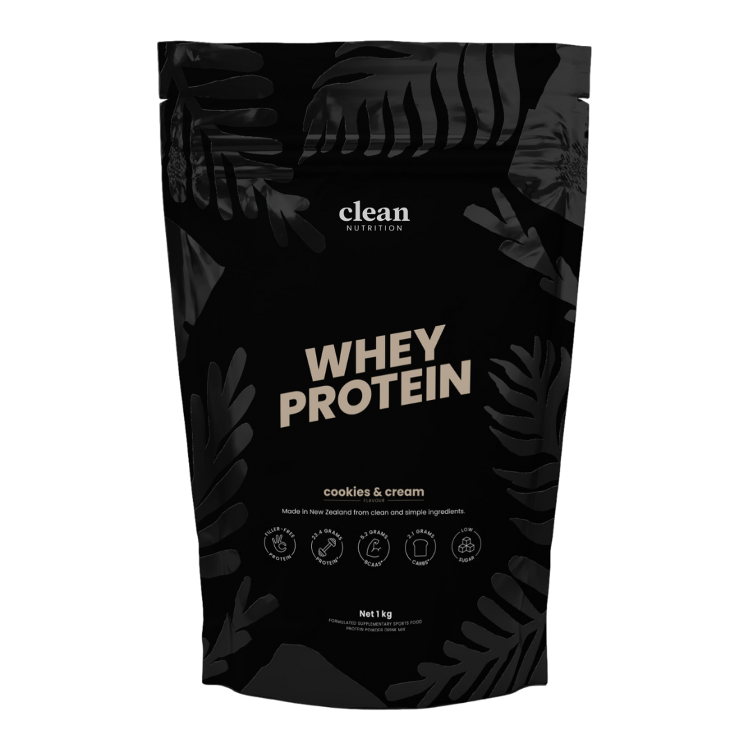 Black whey protein package with 'clean nutrition' branding and leaf patterns on a white background