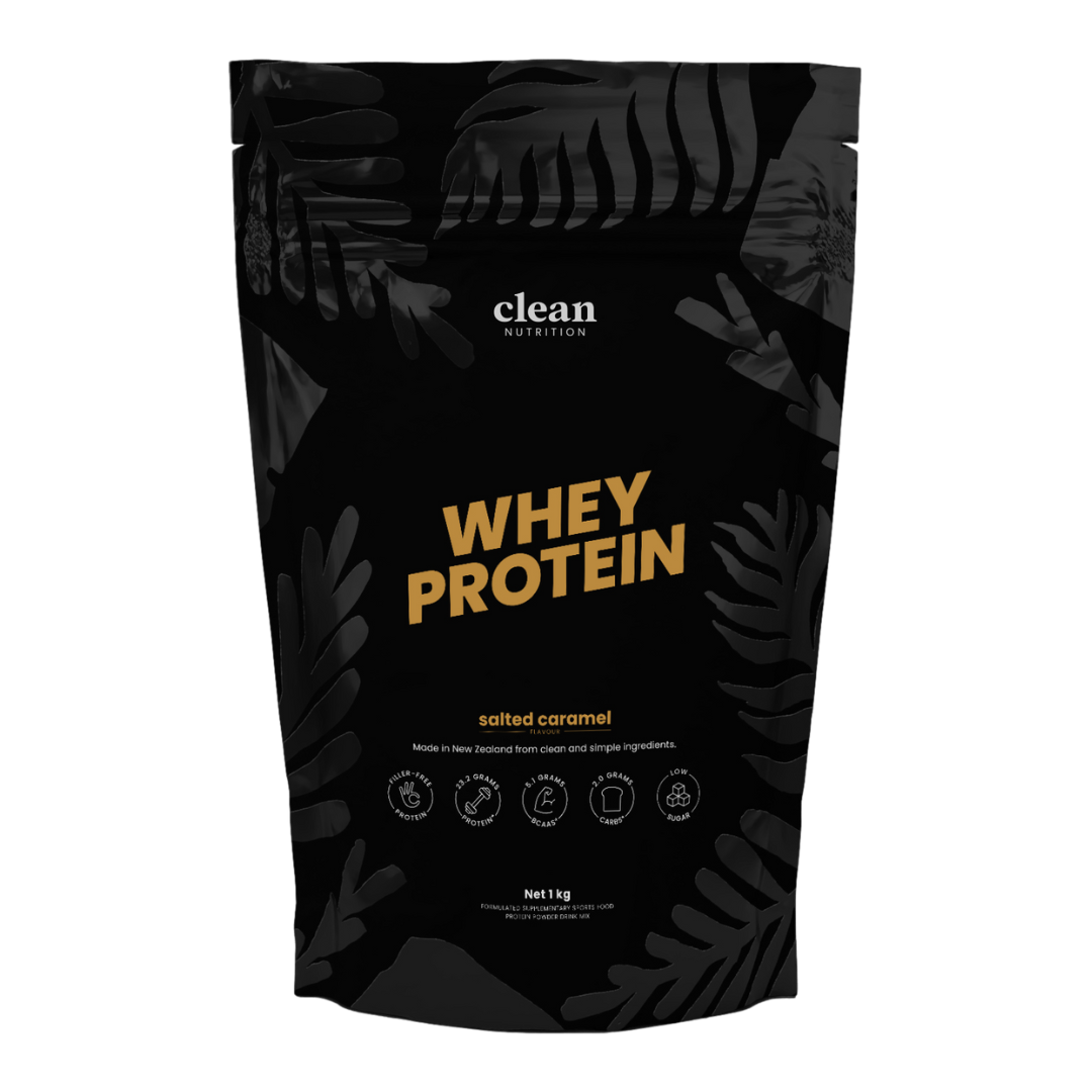 Black whey protein package with yellow text on a white background