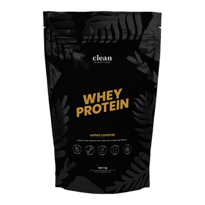Black whey protein package with yellow text on a white background