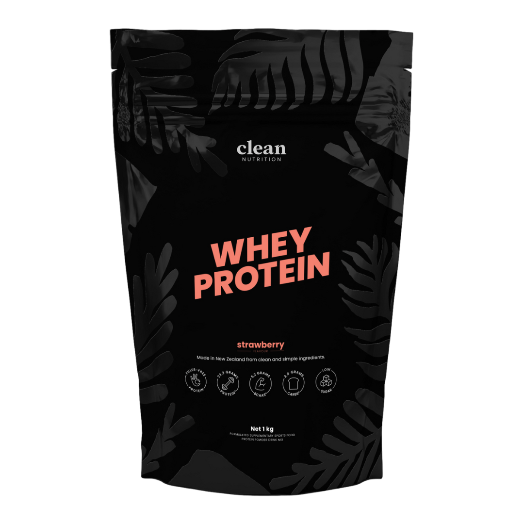 Black whey protein package with 'clean nutrition' branding and strawberry flavor text.