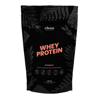 Black whey protein package with 'clean nutrition' branding and strawberry flavor text.