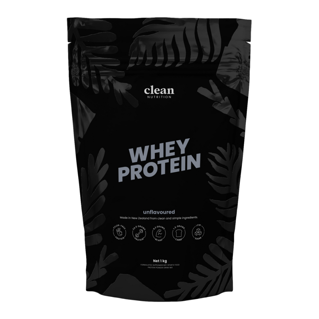 Black whey protein package with leaf patterns and 'clean nutrition'label on a white background
