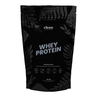 Black whey protein package with leaf patterns and 'clean nutrition'label on a white background