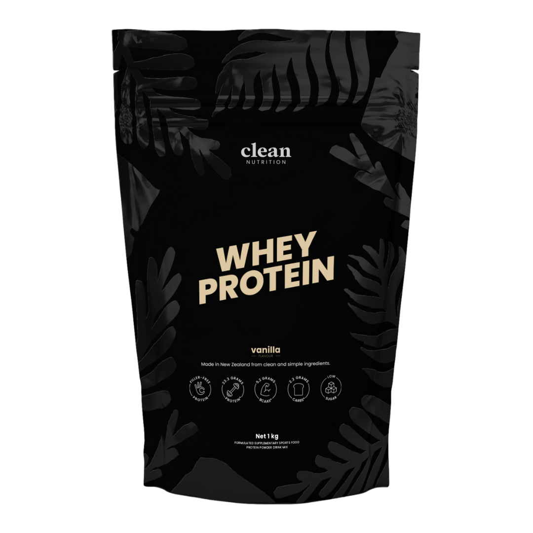 Black packaging of whey protein with 'clean' branding on a white background