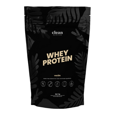 Black packaging of whey protein with 'clean' branding on a white background